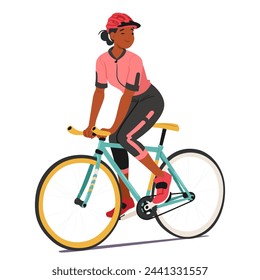 Joyful Sportswoman Cyclist Character Pedals With A Beaming Smile, Embodying Pure Passion And Exhilaration As she Rides her Bike With Effortless Grace And Enthusiasm. Cartoon People Vector Illustration