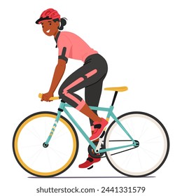 Alegre Ciclista Deportista Pedales De Personaje Femenino Con Sonrisa Radiante Que Encarna Pura Pasión Y Emoción Mientras Monta En Bicicleta Con Gracia Y Entusiasmo Sin Esfuerzo. Ilustración vectorial de personas de dibujos animados