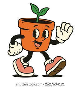 Joyful sprout friend waving from a terracotta pot with a bright smile, perfect for gardening themes, eco-product branding, and cheerful sticker collections.