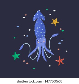 Joyful squid isolated on dark background. Happy marine animal, funny mollusc with tentacles, seabed dweller, underwater creature. Fauna of tropical sea or ocean. Flat cartoon vector illustration.