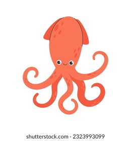 Joyful squid isolated on dark background. Happy marine animal, funny mollusc with tentacles, seabed dweller, underwater creature. Fauna of tropical sea or ocean. Flat cartoon vector illustration.