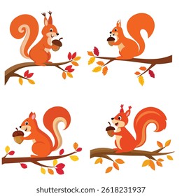 Joyful Squirrel Holding Acorn Vector Bundle Set.
