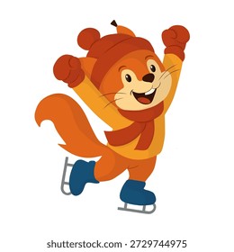 Esquilo alegre pulando no gelo com patas levantadas. Ilustração de vetor plano. Este personagem de animal de inverno dinâmico adapta-se a temas de esportes infantis, visuais festivos, materiais de aprendizagem ativos, eventos de patinação, cartazes sazonais, cartões e gráficos de marca lúdica.