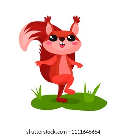 Joyful squirrel walking by green grass. Adorable forest rodent with happy muzzle and fluffy tail. Flat vector icon