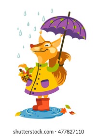 Joyful squirrel walking in the rain with an umbrella and catch raindrops. Autumn illustration