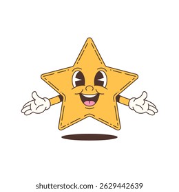 Joyful star mascot character with wide smile and expressive eyes welcoming with open arms in playful cartoon style. Designed in flat retro look. Vector illustration