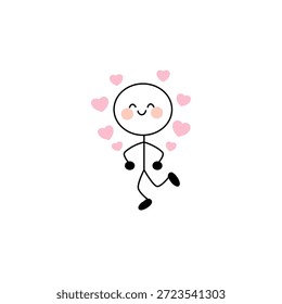 Alegre figura de palo rodeada de corazones rosados, irradiando felicidad y amor. Diseño simple y limpio sobre un fondo blanco. Minimalista, positivo y expresivo.
