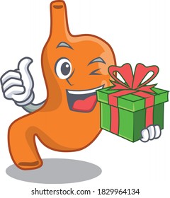 joyful stomach cartoon character with a big gift box