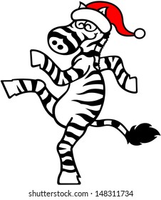Joyful stripped zebra smiling, wearing Santa hat and dancing rhythmically to celebrate Christmas