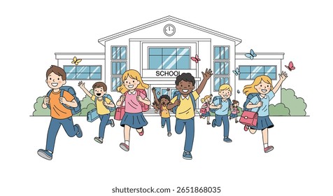 Alunos alegres saem correndo do prédio da escola animados para o dia seguinte