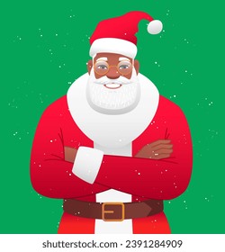 El alegre y elegante Santa Claus negro se para con los brazos cruzados. Un africano disfrazado de Papá Noel. Elementos para el diseño de un afiche de Año Nuevo. Ilustración vectorial en un fondo verde.