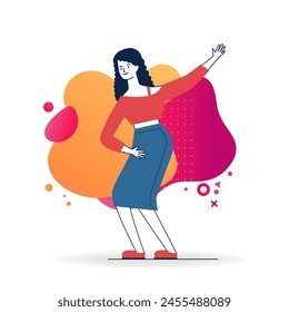 Joyful stylish young woman enjoying party. Cartoon young woman in casual dancing and having fun flat vector illustration. Celebration, joy, disco concept for banner, website design or landing web page