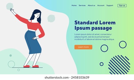 Joyful stylish young woman enjoying party. Cartoon young woman in casual dancing and having fun flat vector illustration. Celebration, joy, disco concept for banner, website design or landing web page