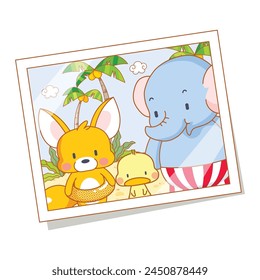 Alegre celebración del día de verano: Kawaii Lindos animales de dibujos animados - zorro, pollo, gato, elefante - Ilustración vectorial aislada sobre fondo blanco