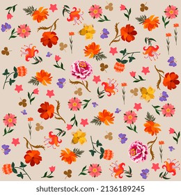 Joyful summer floral ornament with garden flowers, fluttering butterflies and stars on a light beige background in vector. Seamless natural print for fabric.