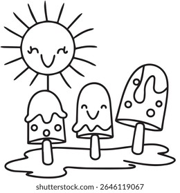 Joyful Summer Scene Featuring Smiling Sun and Popsicles Sharing Happiness A Whimsical and Heartwarming Illustration of a Sunny Day Treat, Perfect for Spreading Cheer