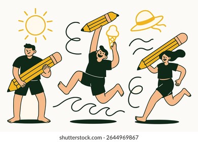 A joyful summer vector of kids running with giant pencils. Includes sunshine, waves, ice cream, and flying hats. Perfect for summer learning, beach themes, and creative holiday content.