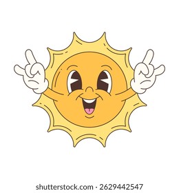 Joyful sun mascot character with expressive face and both hands showing rock gesture. Fun style with energetic emotion perfect for summer themes. Vector illustration