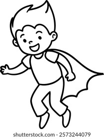 A joyful superhero kid soars through the sky in this charming coloring page illustration. Perfect for children, this line art design inspires creativity and fun, capturing the excitement 