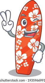 A joyful surfboard cartoon mascot style show two fingers pose. Vector illustration