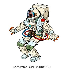 A joyful surprised astronaut, Human positive emotions. Funny pose