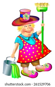Joyful sweeper with broom and bucket, vector cartoon image