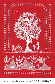 Joyful Tapestry: Eine lebhafte Darstellung des glücklichen Landlebens. In: Whispers of Harmony: A Serene Warli Journey - Celebrating Rural Life. Landleben in Indien. Warli Art.