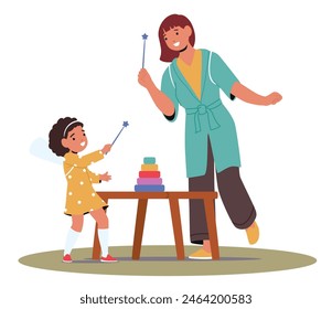 Joyful Teacher And A Young Girl In A Kindergarten, Playing With Toys And Wands. Engaging Classroom Cartoon Vector Scene Captures The Essence Of Early Childhood Education And Playful Interaction