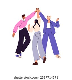 Joyful team gives high five, rejoices at win. Happy employees celebrate teamwork success, support colleagues. People, group of friends has fun together. Flat isolated vector illustration on white