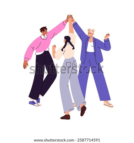 Joyful team gives high five, rejoices at win. Happy employees celebrate teamwork success, support colleagues. People, group of friends has fun together. Flat isolated vector illustration on white