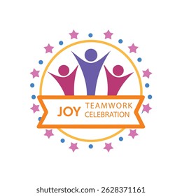 Joyful teamwork celebration concept. Three stylized figures raise their arms in celebration, encircled by stars and a banner.