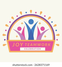 Joyful teamwork celebration emblem. Abstract design with vibrant colors and stylized figures, ideal for corporate events or team building.