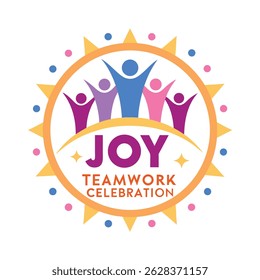 Joyful teamwork celebration emblem. Colorful abstract people silhouettes raise their arms in a sunburst design. Perfect for corporate events, team building, and motivational presentations.