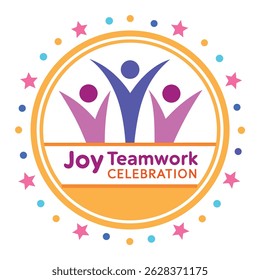 Joyful teamwork celebration emblem featuring three stylized figures with raised arms, encircled by stars and dots on an orange background. Ideal for corporate events or team-building initiatives.