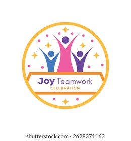 Joyful teamwork celebration logo design. Three stylized figures with raised arms, encircled by a golden frame, stars, and confetti. Perfect for corporate events, team building, and success.