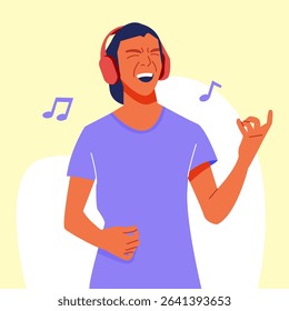 A joyful teen boy listening to music with large headphones, expressing excitement and emotion.