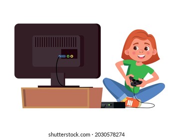 A joyful teen girl plays enthusiastically in the console video game. Gamer girl