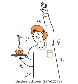 Joyful teenage boy with birthday cupcake orange color linear icon. Young man student celebrating holiday character doodle simple illustration