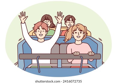 Joyful teenage children ride rollercoaster and raise hands smiling enjoying high speed or sharp lifting. Happy boys and girls while visiting amusement park with roller coaster. Flat vector image