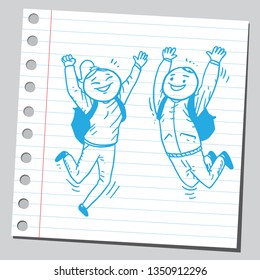 Joyful teenage student boy and teenage student girl jumping around. Happyness concept .Sketch style illustration on sticky note background.