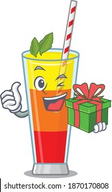 joyful tequila sunrise cocktail cartoon character with a big gift box