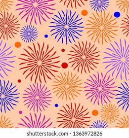 Joyful textile patterns on coral background, colorful flowers seamless design, pattern for bedding, blanket, children textile