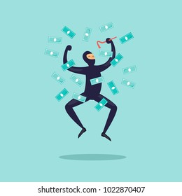 Joyful thief with money. Flat design vector illustration.