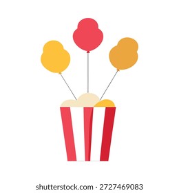 Alegre caja tridimensional de palomitas de maíz volando con globos aislados sobre fondo blanco limpio ilustración