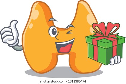 fröhlicher Schildschilddrüsenkartoon-Charakter mit großer Geschenkbox