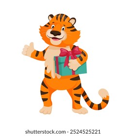 A joyful tiger character holding a large gift box with a bow, symbolizing celebration, surprise, or gift-giving. Perfect for holiday, birthday, or festive-themed illustrations.