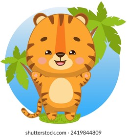 A joyful tiger cub stands and shows his paws near the palm trees. Tiger cub in kawaii style. Kawaii style. Vector illustration of drawings, prints and patterns. Isolated on white background