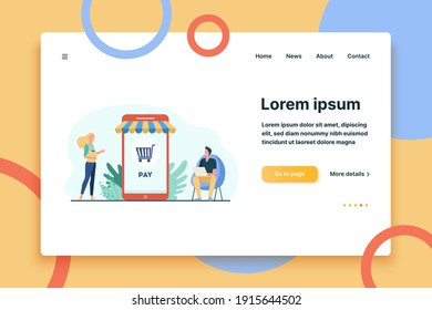 Joyful tiny customers paying in online store. Smartphone, shop, phone flat vector illustration. E-commerce and shopping concept for banner, website design or landing web page