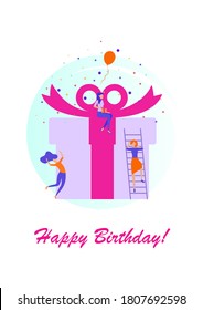 Joyful, tiny flat people near the gift box. Friends made a surprise. Confetti and balloons. Birthday concept or birthday card