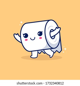 Joyful toilet paper is running. Cartoon vector character with emotions. Vector flat Icon Illustration. Flat Cartoon Style Suitable for Web Landing Page, Banner, Flyer Sticker.